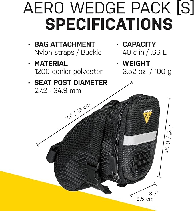 Topeak Aero Wedge Pack (Small, Strap Mount) – Aerodynamic Seat Bag for Tubes & Tools, Polyester, Reflective Trim, Quick-Release Strap System Fits All Railed Saddles, Durable Compact Cycling Storage