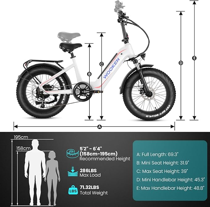Wooken Electric Bike for Adults, Peak 1000W Motor Ebike,20"x4.0" Fat Tire Electric Bike,48V 624WH Removable Lithium-ion Battery,Up to 60 Miles,Step-Thru Electric Mountain Bike,SGS Certified to UL 2849