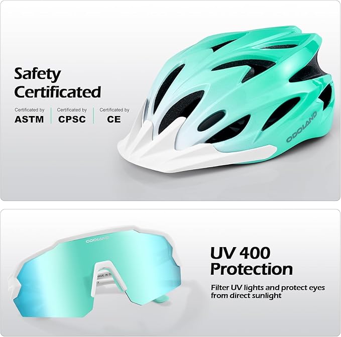 Odoland Adult Bike Helmet and Cycling Sunglasses Set for Men & Women, Safety Certified Bicycle Helmet with UV Protection Glasses for Mountain, Skating, Road, City Commuting & Outdoor Riding