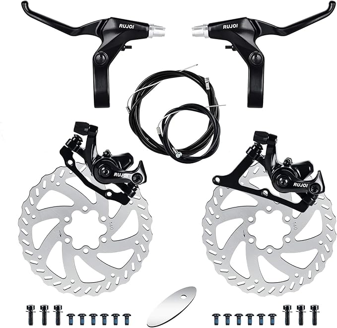 RUJOI Bike Disc Brake Kit, Aluminum Front and Rear Caliper, Full Aluminum Alloy Bicycle Brake Lever, 140mm Rotor, Mechanic Tool-Free Pad Adjuster for Road Bike, Mountain Bike