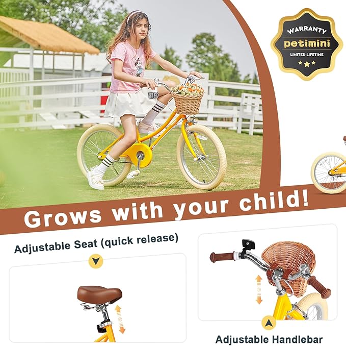 Petimini Vintage Kids Bike for Girls, 12–20 Inch Classic Bicycle with Wicker Basket & Bell, High Tensile Steel Frame, Training Wheels (12–18”), 85% Pre-Assembled, Retro Bike for Outdoor Riding