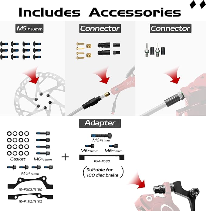 E-Bike Hydraulic Disc Brake Set 4-Pistons/2-Pistons,2-PIN/3-PIN Pre-Bled with Mineral Oil Brakes Kit,Front and Rear Set,180mm 2.3mm Thick Rotors