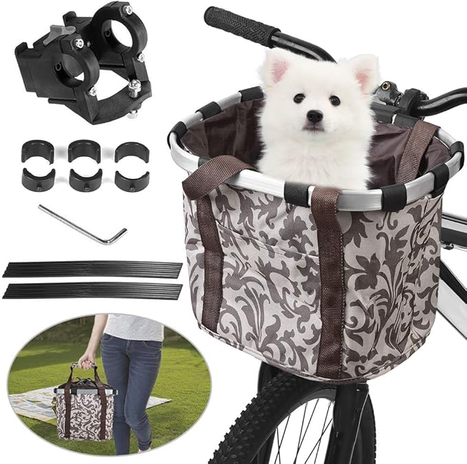 Lixada Bike Basket, Small Pet Cat Dog Carrier Bicycle Handlebar Front Basket Folding Detachable Removable Easy Install Quick Released Picnic Shopping Bag, Max. Bearing: 11lbs
