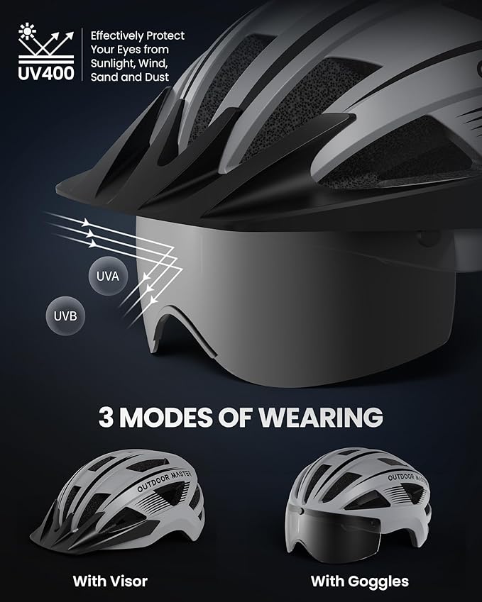 OutdoorMaster Adult Bike Helmet - Bicycle Helmet with Rechargeable Rear LED Light, Detachable Magnetic Goggles, Removable Sun Visor - Suitable for Commuting and Cycling for Men and Women