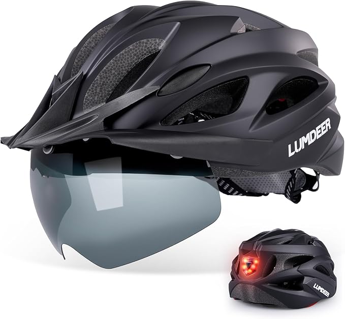 Adult Bike Helmet for Commuting and Cycling, Bicycle Helmet with Rechargeable Rear LED Light & Magnetic Goggles & Removable Sun Visor, Mountain and Road Bicycle Helmets for Men and Women 3 in 1