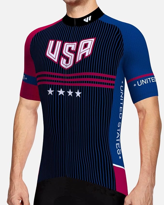 Lo.gas USA Cycling Jersey Men Short Sleeve Bike Biking Shirts American Flag Road Bicycle Clothing Full Zip with Pockets