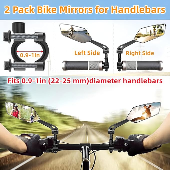 Bike Mirrors,2 Pack-Ebike Mirror,360° Adjustable and Rotatable Handlebar Mirrors,Scratch Resistant Glass Lens, Mountai Bikes,Scooter, E-bikes,Road Bikes,Bicycle Universal Fit Accessories