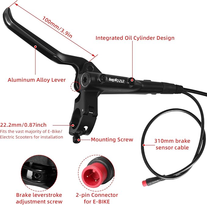 ZTZ eBike Hydraulic Brake Set with 160mm Rotors,2-Piston 2-PIN Power-Off Hydraulic Disc Brake for E-Bike,Left Front 950mm Right Rear 1880mm Electric Bike Hydraulic Brakes