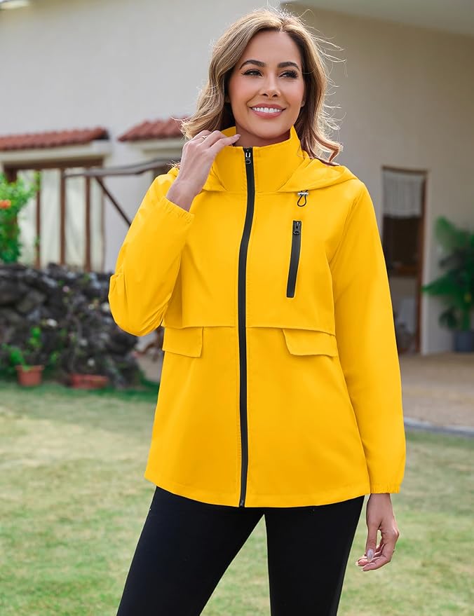 Avoogue Rain Jacket Women with Hooded Lightweight Waterproof Raincoats Packable Zipper Pockets Windbreakers