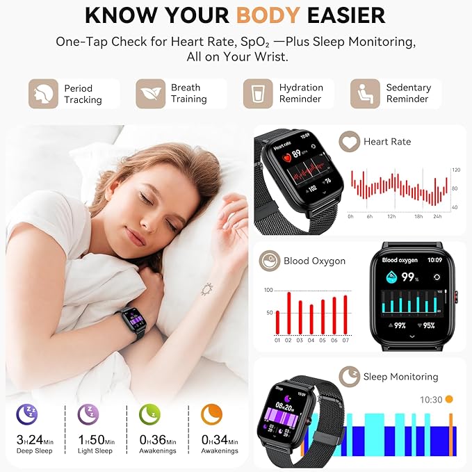 Smart Watch for Women Men- Answer/Make Call, Fitness Step Tracker Watch with Sleep Monitor/Activity Counter/110+ Sport Mode, Smartwatch for Andriod iPhone iOS Compatible