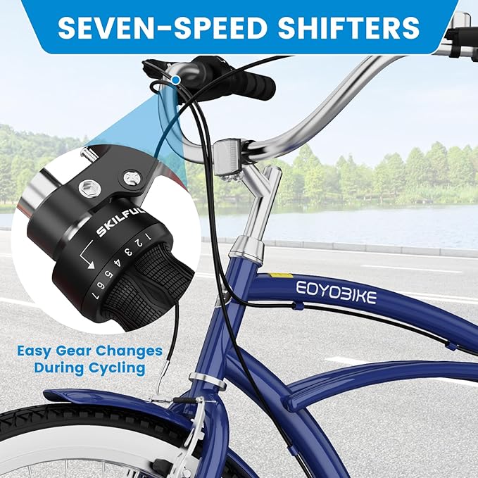 MOPHOTO 24" 26" Adult Bike 7-Speed Beach Cruiser Bike for Adults, Rear Rack, Fenders, Step-Through or Classic Frame