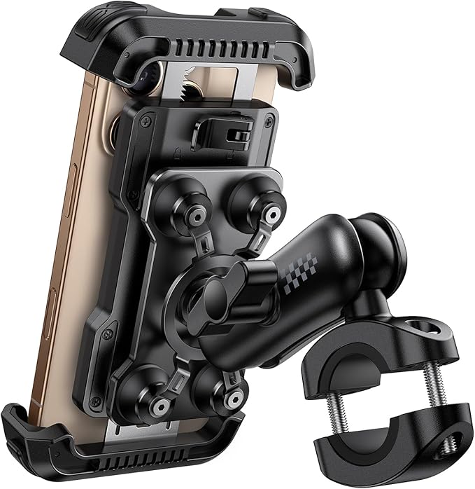 Aomiker Motorcycle Phone Mount Holder - [Metal Extension Arm] [Dual Vibration Dampener] Motorcycle Cell Phone Mount, Bike Phone Handlebar Clamp for iPhone 16 15 14 13 Pro Max Plus, 4.7-6.7" Smartphone