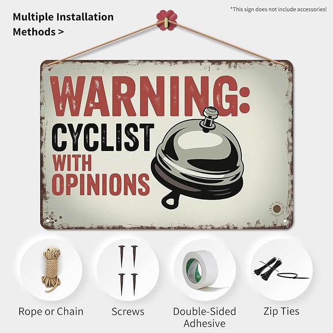 Funny Vintage Signs Posters Warning Cyclist With Opinions Right Bell Cycling Vintage Sign Wall Art for Bedroom Man Cave Garage Office Bar Decor 8X12inch