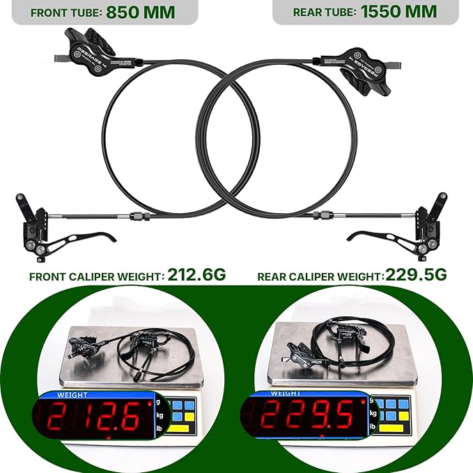 IIIPRO PEERAGE4 4-Piston MTB Hydraulic Disc Brake Set, Left Front 850mm Right Rear 1550mm Aluminum Alloy Lever Caliper for MTB/Trail/Fat Bike/XC AM DH