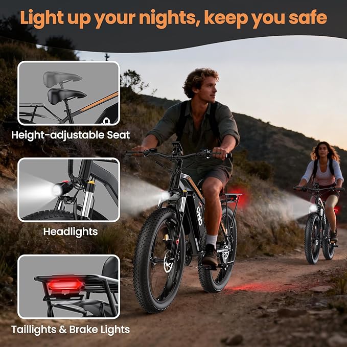 Fat Tire Electric Mountain Bike 1500W Peak, 48V 15Ah Removable Battery,20MPH Speed & 60 Miles Range Electric Bicycles, 26" All Terrain Off Road E-Bike for Adults w/ Lockable Suspension & 7 Speed Gears