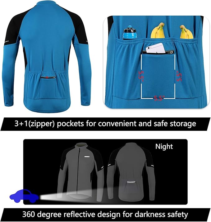 BERGRISAR Men's Basic Cycling Jerseys Long Sleeves Bike Bicycle Shirt Zipper Pockets BG012