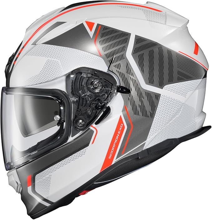 ScorpionEXO Ryzer Full Face Motorcycle Helmet with Pinlock Ready Shield with Integrated Speaker Pockets DOT ECE Approved Switch (White/Grey - 2X-Large)