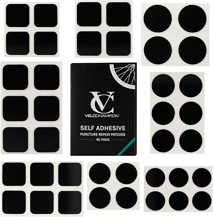 VeloChampion Puncture Repair Kit | Self-Adhesive Bike Tyre Patches for Road, MTB, BMX, Ebike| Travel Size Bicycle Puncture Repair Kit | 6, 10 or 40 Pack + Optional Tyre Levers