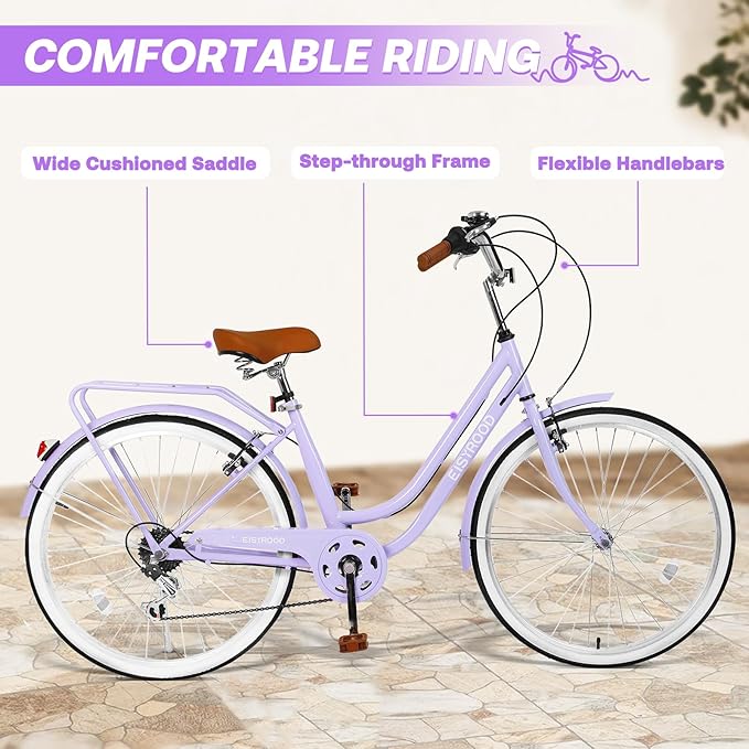 26 Inch Folding Beach Cruiser Bike for Women, 7-Speed Ladies Bike with Basket & Rack, Perfect for City Commuting's Bicycle, Ideal for Women and Adults