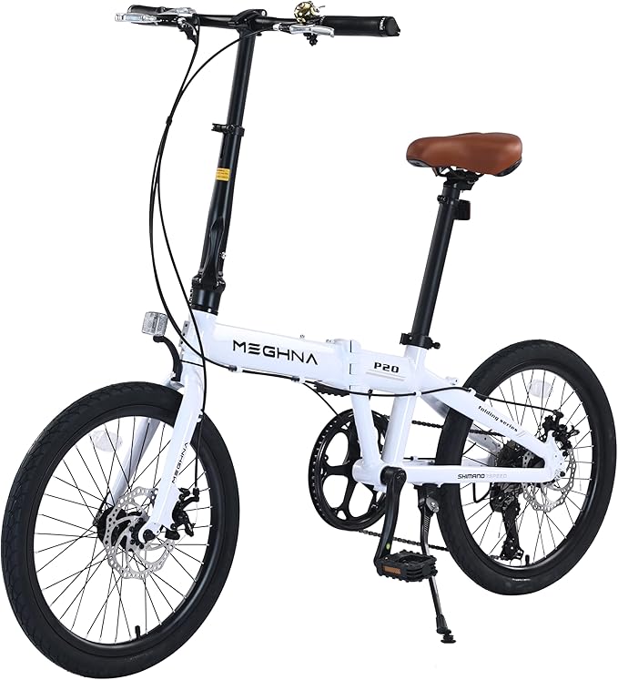 MEGHNA Folding Bike Aluminium Frame Lightweight 20inch Wheel 7 Speed Portable Foldable Bike Dual Disc Brakes Adjustable Height City Bike for Women Men Junior for Trip Commuting to Work