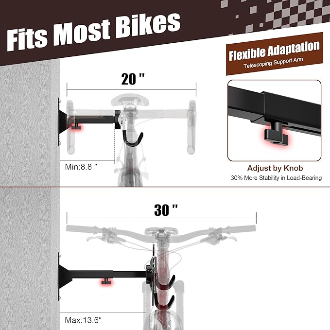 Bike Wall Mount Hanger for Garage, Heavy-Duty Durable Aluminum Alloy Horizontal Bicycle Storage Rack with Adjustable Hook, Hold up to 66lbs, for Road Mountain Hybrid Bikes in Garage