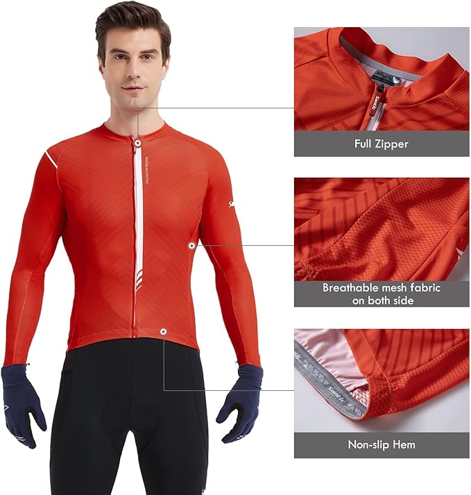 Santic Cycling Jersey Men's Long Sleeve Bike Reflective Full Zip Bicycle Shirts with Pockets