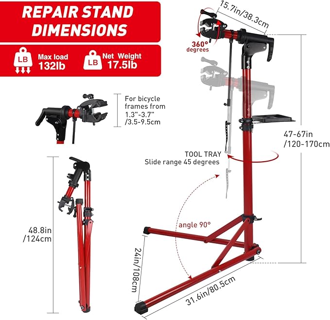 Bike Repair Stand (Max 132 lbs) - Foldable Bike Stand for Maintenance of Road Bike & Mountain Bike,Bicycle Repair Stand for E-bikes with Super-strong Tube,Height Adjustable Portable Bicycle Heavy Duty Mechanics Workstands (Red（MAX LOAD:132LBS）)