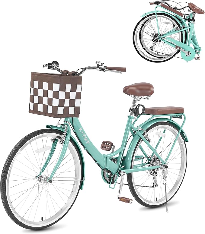 24/26 Inch Foldable Beach Cruiser Bike for Women, 7 Speed Folding Bikes for Adults, Womens City Bike with Basket & Adjustable Seat, Step Through Commute Bikes for Women Adults