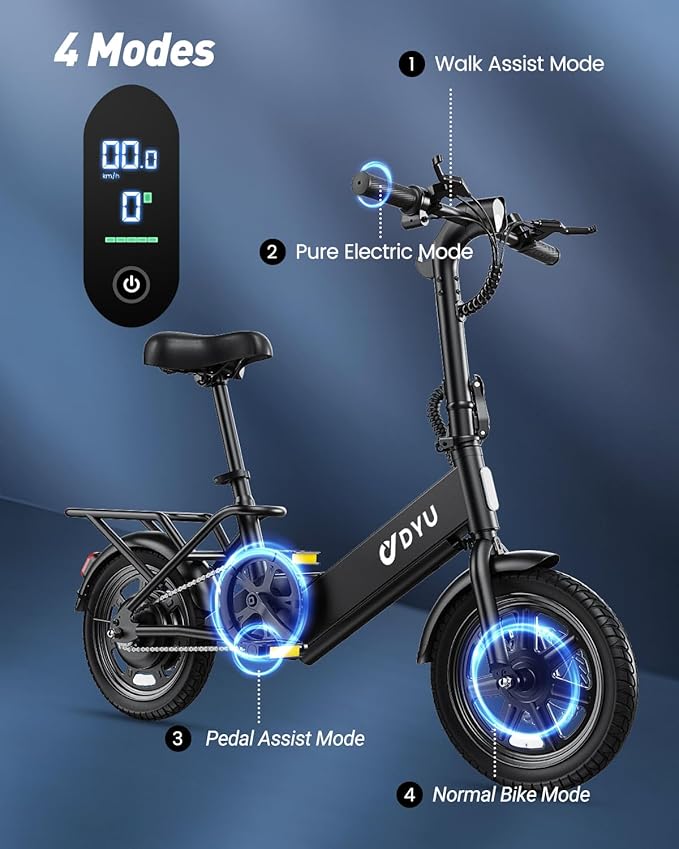 DYU Electric Bike for Adults Teens, Folding Electric Bicycle,Commuter City E-Bike with 350W Motor and 36V 7.8Ah Battery,3 Levels Assist, Dual Disc Brakes