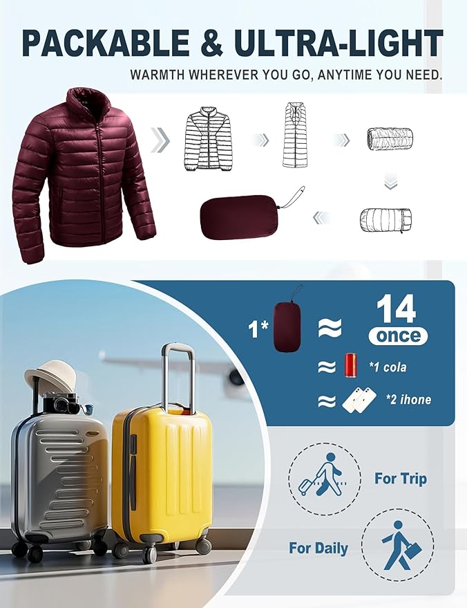Men's Lightweight Packable Puffer Jacket Insulated Warm Winter Jackets Puffy Coat for Ski Hiking Travel
