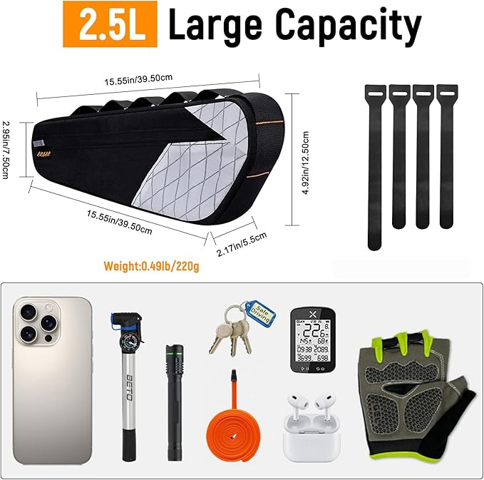 ENLEE Bicycle Frame Bag, 2.5L Large Mountain Bike Frame Bag, Waterproof & Shockproof Triangle Bike Bag Perfect Storage Phone/Tool For Road Gravel Bikes, Easy Installation With Straps, White