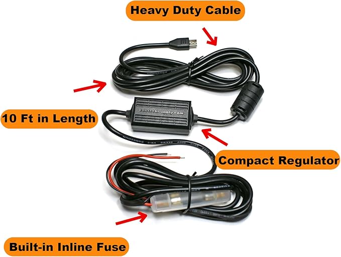 EDOTech Ultra Compact Micro USB Direct Hardwire Car Power Cord Kit for GPS Tracker Navigator Bluetooth Speaker Qi Wireless Charger Dash Cam DVR 10 Ft in Length