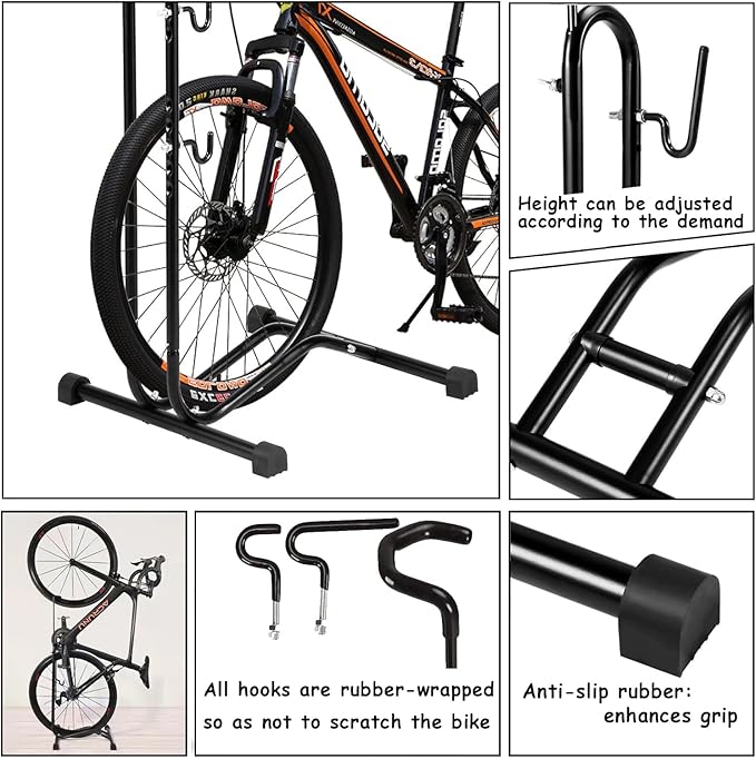 3 in 1 Bicycle Floor Stand - Freestanding Upright Parking Storage Rack, Space Saver, Suitable for Mountain Bike, Road Bike, Max Wheel Diameter 27.5 Inches