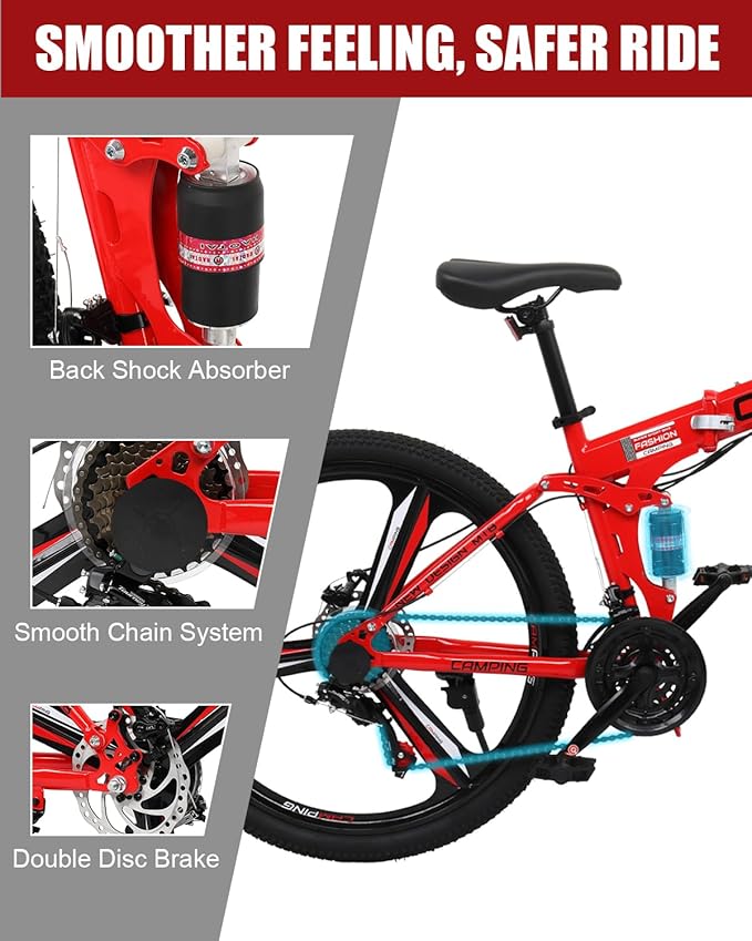26" Foldable Bike, 21 Speeds Folding Bikes for Adults, Bicycle for Men & Women with Full-Suspension, Double-Walled Tire, Dual Disc Brake, Quick Release and Unique Wheel Look
