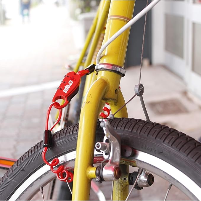 CROPS Q-BIRO MINI Compact Bike Lock Cable, 3 ft, RedAnti-Theft 3-Digit Resettable Combination Lock with a Shape-Memory Coiled Cable and BIROTATION Technology; Great Option for Road Cyclists