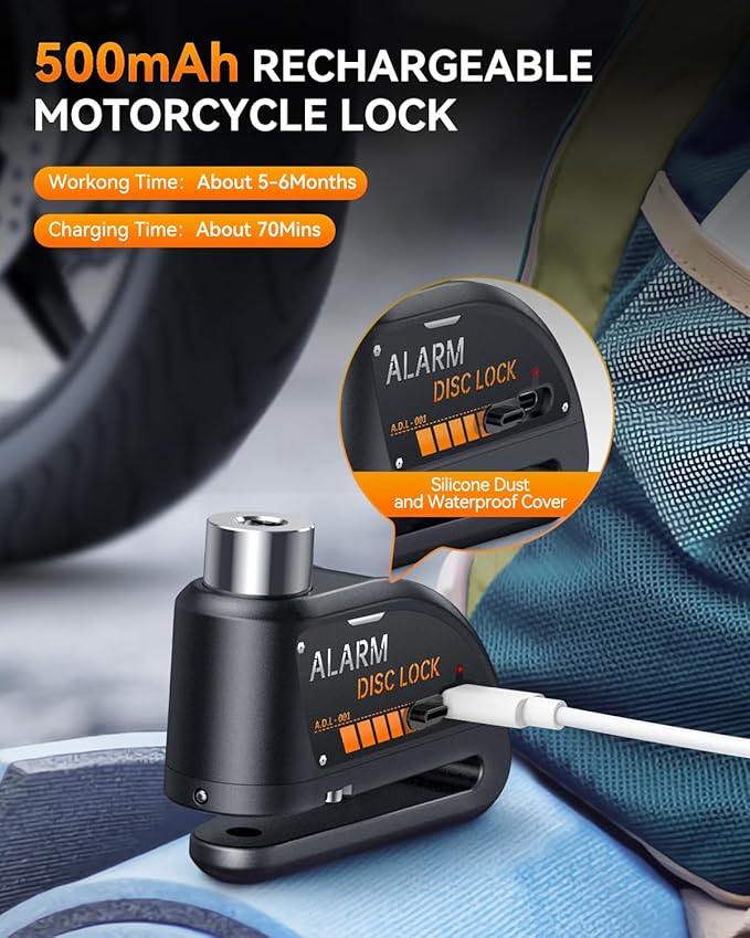 Motorcycle Disc Lock with Alarm, Electric Scooter Lock Heavy Duty Anti-Theft with 120dB Alarm, 5FT Reminder Cable for Helmet Anti-Theft, Rechargeable (Black)