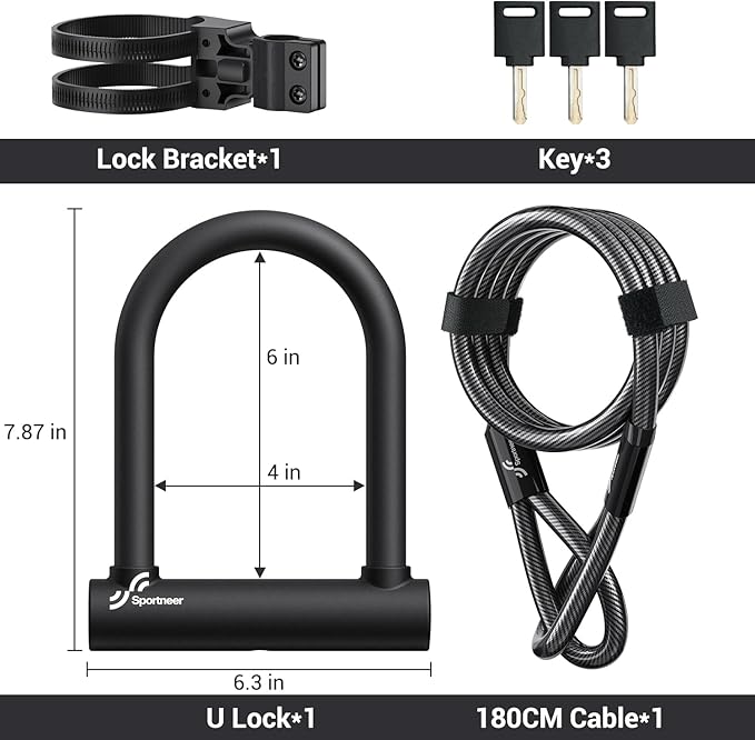 Sportneer Bike U Lock: 18mm Shackle Heavy Duty Bike Lock with 6ft Security Steel Cable - Bicycle U-Locks with Keys and Sturdy Mounting Bracket for Road Mountain Bike Bicycle, Size 7.87''x6.3''