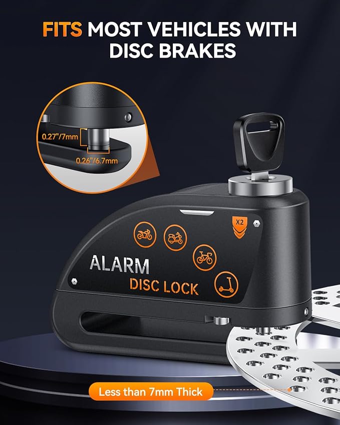 Motorcycle Disc Lock with Alarm, Electric Scooter Lock Heavy Duty Anti-Theft with 120dB Alarm, 5FT Reminder Cable for Helmet Anti-Theft, Rechargeable (Black)