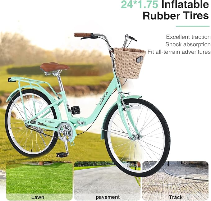 24/26 inch Female Bicycle Single Speed Folding Lady Bike, Durable Steel Frame,Compact Design for Easy Storage and Commuting Multi Color