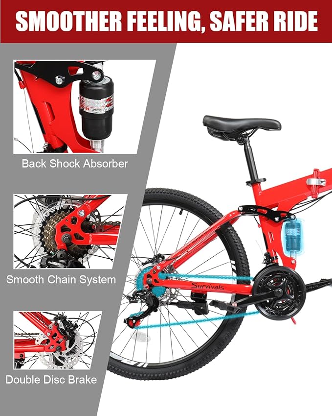 26/27.5 Inch Foldable Bike Folding Bike with 21 Speed, One Touch Folding, Dual Disc Type Brakes, Adjustable Seat, Full Suspension, Folding Bicycle for Men/Women/Senior