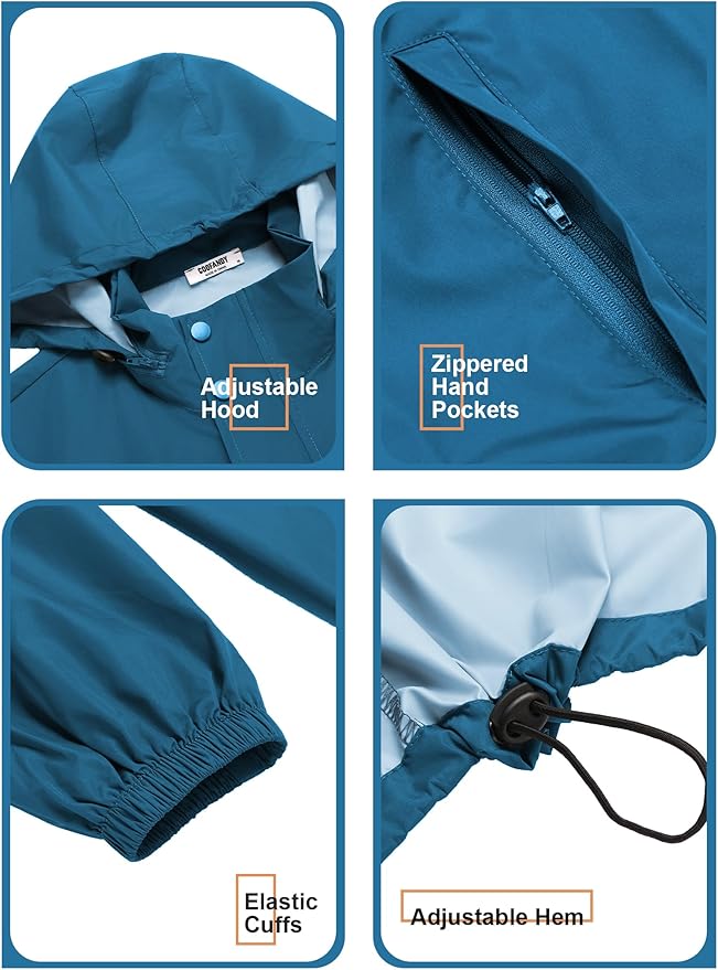 COOFANDY Men's Rain Jacket Waterproof Packable Raincoat Lightweight Rain Shell Hood Travel Golf Hiking Cycling Zip Pockets