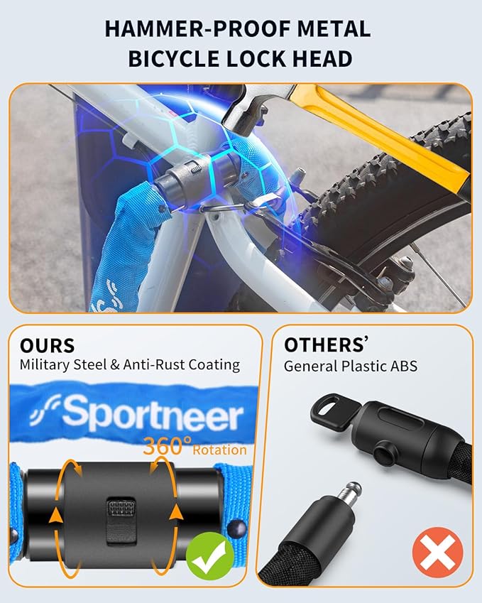 Sportneer Bike Lock - 8mm Thick High Security Anti Theft Bike Chain Lock with 2 Keys- 3.2ft Long Heavy Duty Anti-Cut Bicycle Lock for Bike, Motorcycle, Bicycle, Door, Gate, Fence, Grill - Blue
