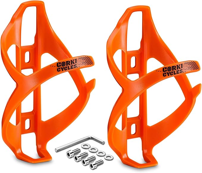 corki Cycles Bike Water Bottle Holder Right Side Load Water Bottle Cage for Road, MTB, Gravel Bicycle Vibrant Orange 2 Pack