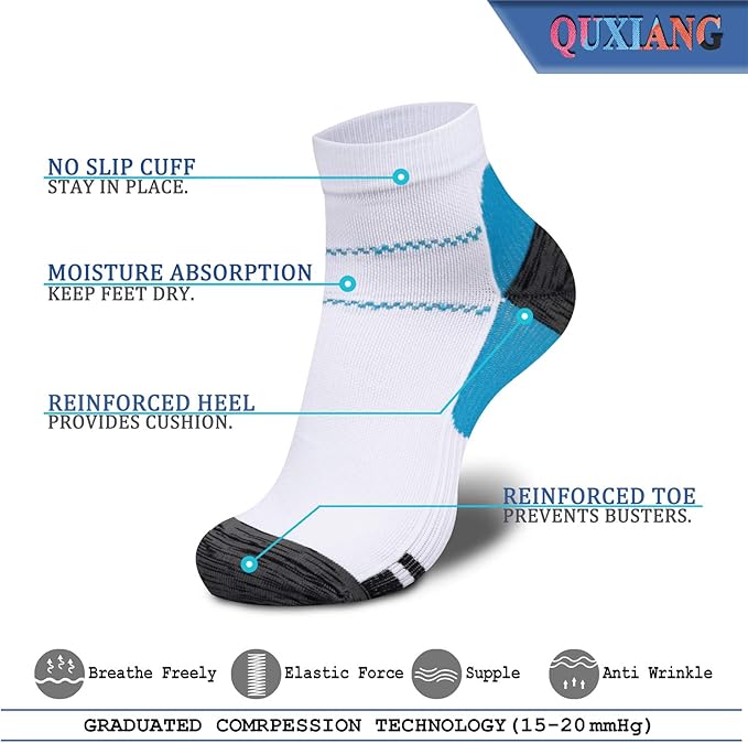 QUXIANG Compression Socks for Women & Men Circulation 3/6/7 Pairs Arch Ankle Support 15-20 mmHg Best for Running Cycling