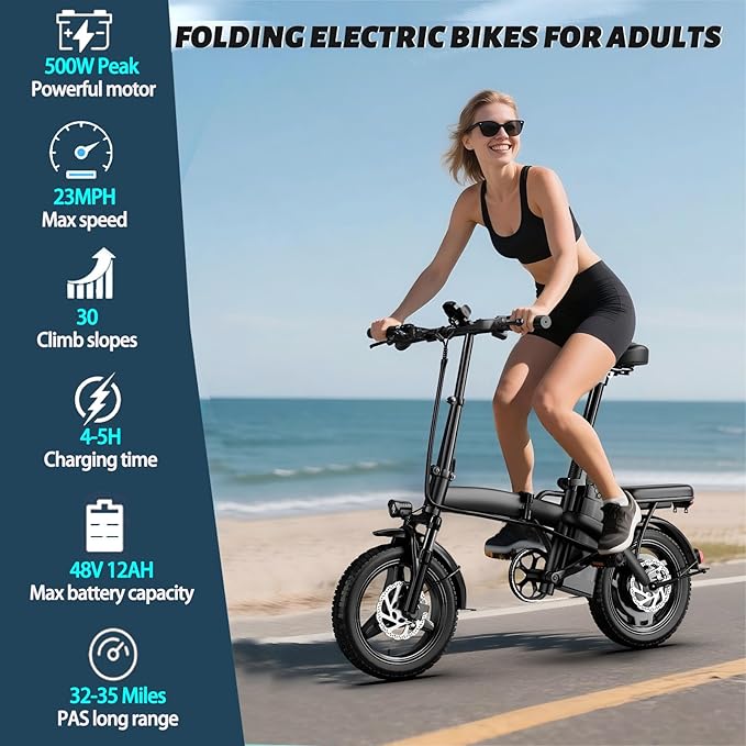 Electric Bike for Folding Adults, 14" Commuter 500W Ebike 35 Miles Range & 23MPH, UL2849 Certified Foldable E-Bicycle with Removable Battery, Dual Disc Brakes