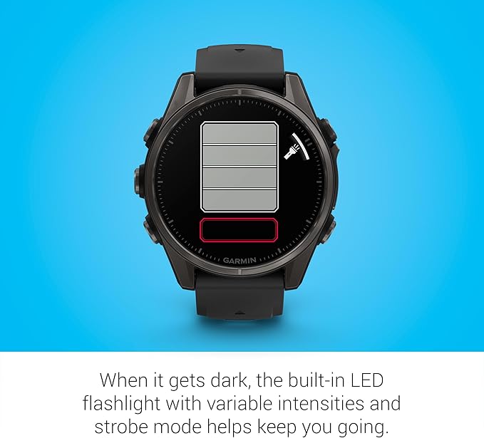 Garmin Fenix 8 Premium Multisport GPS Running Smartwatch, 43 mm | AMOLED, Dive-Rated, Built-in Flashlight | Carbon Gray DLC Titanium with Pebble Gray Band with Signature Series Charging Stand