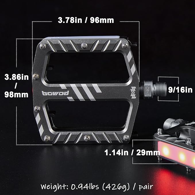 Bicycle Pedals with LED lights 5 Modes, Tap On-Off, USB Rechargeable, Waterproof, Flat CNC Aluminum Road Bike Pedals w 9/16" Cr-Mo Steel Axel w Pin, for Ebike, Commuter, Hybrid, City, Beach Bike