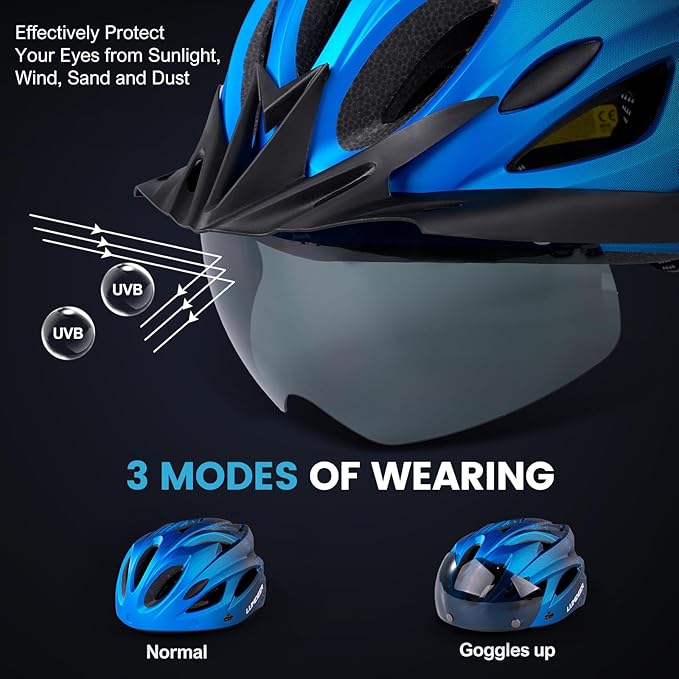 Adult Bike Helmet for Commuting and Cycling, Bicycle Helmet with Rechargeable Rear LED Light & Magnetic Goggles & Removable Sun Visor, Mountain and Road Bicycle Helmets for Men and Women 3 in 1