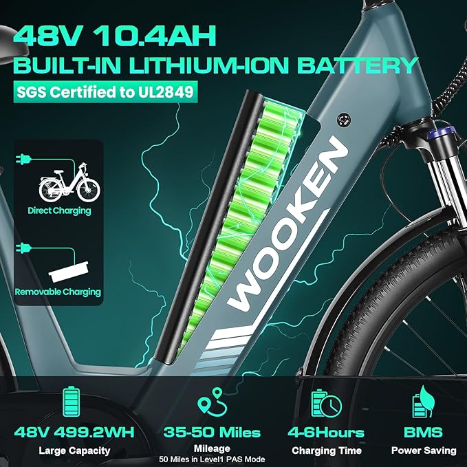 Wooken Electric Bike for Adults, 1000W Peak Ebike, 26" x 2.1" Tire Step Through Electric Bike, City Cruiser Ebike with 48V 10.4/15Ah Removable Battery, 7 Speed, SGS Certified to UL2849