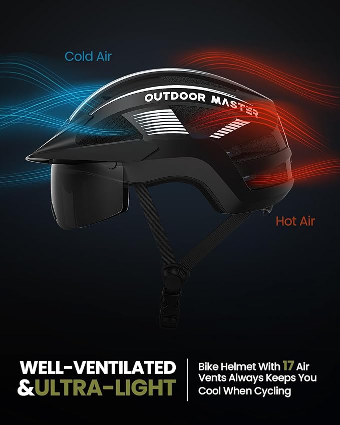 OutdoorMaster Adult Bike Helmet - Bicycle Helmet with Rechargeable Rear LED Light, Detachable Magnetic Goggles, Removable Sun Visor - Suitable for Commuting and Cycling for Men and Women